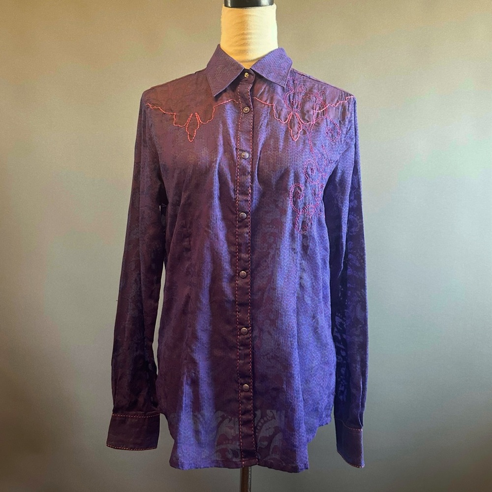 Women's Wrangler Snap Button Embroidered Sheer Shirt Purple Pink Sz M